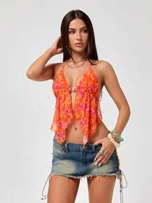 SHEIN ICON Top halter con estampado floral y espalda descubierta - Naranja - Ver 4