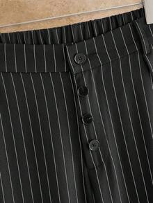 HIMLAND 男士鈕扣門襟條紋百褶寬鬆休閒長褲 - 黑色 - 查看 4