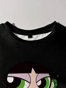 THE POWERPUFF GIRLS X SHEIN Women's Cartoon Print Round Neck Short Sleeve Casual Slim Fit T-Shirt - White - View 3