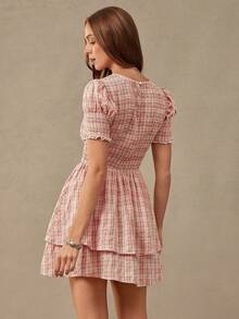 WESTFADE Embroidered Plaid Smocked Short Sleeve Tiered Ruffle Mini Dress, Church Dress, Western, Country, Cowgirl, Rodeo, Fall, Summer, School - Multicolor - View 2