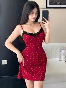 DAZY 碎花荷葉邊收腰長款女式睡裙 夏季睡衣 - 紅色 - 查看 6
