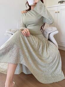Feyla Vestido midi elegante de manga larga con hombro asimétrico y decoración floral 3D de metal para mujer - Verde - Ver 3