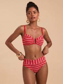 Travachic Women's Summer Beach Striped Colorblock Spaghetti Strap Bikini & Triangle Bottom Two-Piece Swimsuit Set - Multicolor - View 3