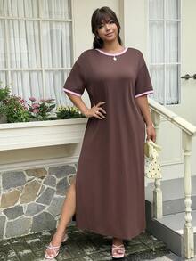 GalTyme Plus Size Pink Color Block Round Neck Side Slit Short Sleeve Dress Vacation Summer Traditional - Brown - View 7