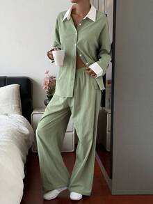 DAZY Conjunto de Roupa de Descanso Feminino com Top de Manga Longa de Abotoamento Único e Calça em Cores Contrastantes para o Outono - Verde - Visão 10