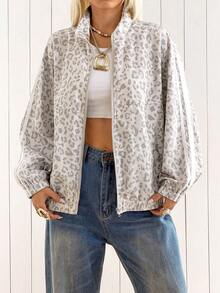 SHEIN EZwear 女款豹紋長袖前拉鍊休閒夾克 - 灰色 - 查看 7