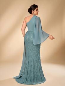 Serin Plus Size Elegant Glamorous Blue Lace Patchwork Chiffon One Shoulder Ruched Asymmetrical Ruffle Sleeve Fitted Mermaid Hem Formal Evening Gown For - Blue - View 4