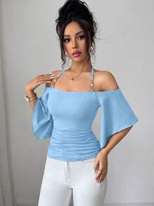 SHEIN Elenzya 女款純色細肩帶背心T恤，掛脖短袖簡約優雅修身抓皺上衣，春夏新款，適合日常通勤、音樂節、晚餐、派對、度假，復古百搭 - 淺藍色 - 查看 4