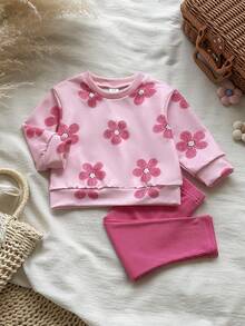 SHEIN Vintaside Kids 女嬰秋冬新款花卉印花羅紋圓領衛衣與羅紋內搭褲舒適時尚極簡套裝 - 粉色 - 查看 4