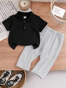 SHEIN Babyboy Infant Summer Turn-Down Collar Short Sleeve Simple Fashion Casual Top With Cute Versatile Casual Long Pants Set, Suitable For Outings, Park Walks, Daily Casual Wear, Travel And More - Multicolor - View 2