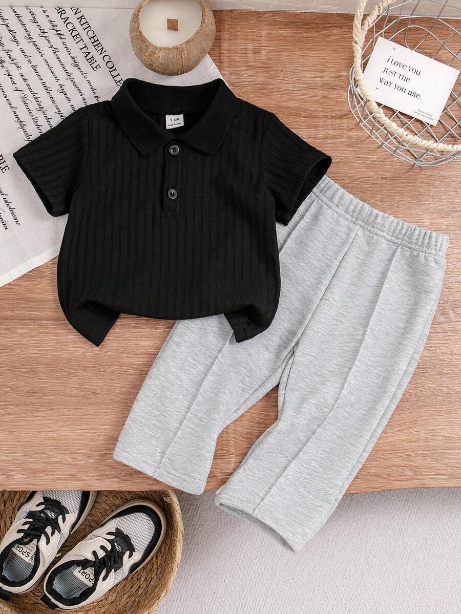 SHEIN Babyboy Infant Summer Turn-Down Collar Short Sleeve Simple Fashion Casual Top With Cute Versatile Casual Long Pants Set, Suitable For Outings, Park Walks, Daily Casual Wear, Travel And More