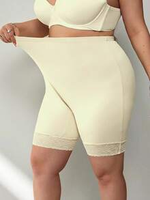SHEIN CURVE+ 1pc Plus Size Women Lace Patchwork High Waist Shaping Shorts - Apricot - View 5