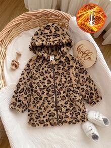 SHEIN Playful Pals 嬰兒女寶寶咖啡棕色毛絨內裡連帽卡其色長袖外套，秋冬時尚百搭外衣，復古豹紋毛絨連帽拉鍊夾克，女寶寶休閒外套 - 彩色 - 查看 8