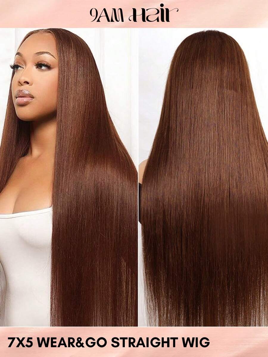 ALL READY WIG Peruca Glueless de Cabelo Humano Castanho, Pronta para Usar, Pré-Cortada, 26 Polegadas, 5x6, Peruca Reta Glueless Castanho Chocolate de Cabelo Humano, Pré-Desfiada, Nós Branqueados, #4 Peruca com Fechamento de Renda Castanho Escuro, Densidade 180 para Mulheres - S4 - Visão 1