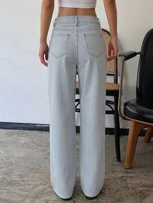 DAZY Casual Washed Striped Straight Leg Denim Jeans - Blue - View 2