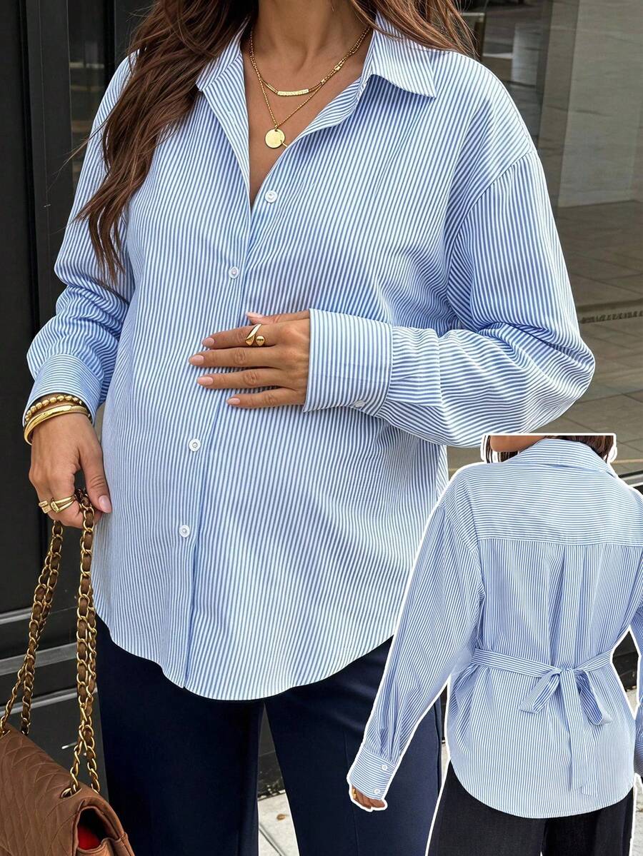 SHEIN 孕婦條紋落肩長袖單排扣休閒襯衫 - 藍色 - 查看 1