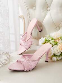 CUCCOO HITCHD Spitze dreidimensionale Rosen Quadratzehen schmale Absatz Sandalen, Außenbekleidung, Feen Hochzeitsschuhe - Pink - Übersicht 2