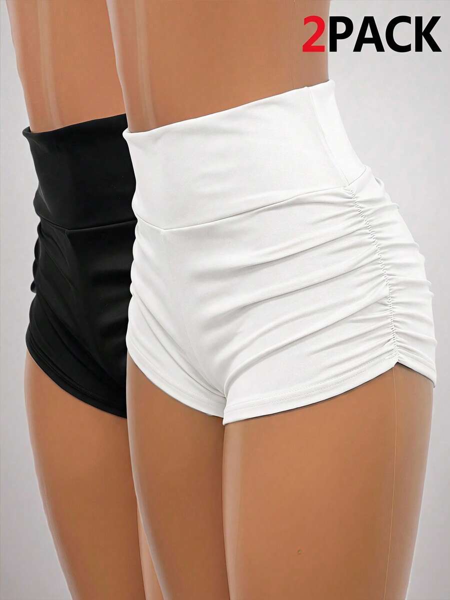 SHEIN EZwear 2件組女款休閒基本款寬鬆性感極簡純色抓皺單車短褲 夏季瑜伽運動 秋季健身房 聖誕派對 白色 黑色 - 彩色 - 查看 1