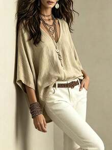 SHEIN Blusa camisa de lino holgada cómoda casual simple para mujer - Caqui - Ver 3