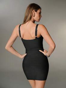 Nuvra Bandage Bodycon Dress, Deep V Neck, Slimming Silhouette, Waist Cinching, Elegant Spring/Summer - Black - View 2