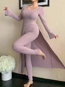 DAZY 女款純色高開衩長版上衣與緊身褲家居服套裝 - 灰色 - 查看 6