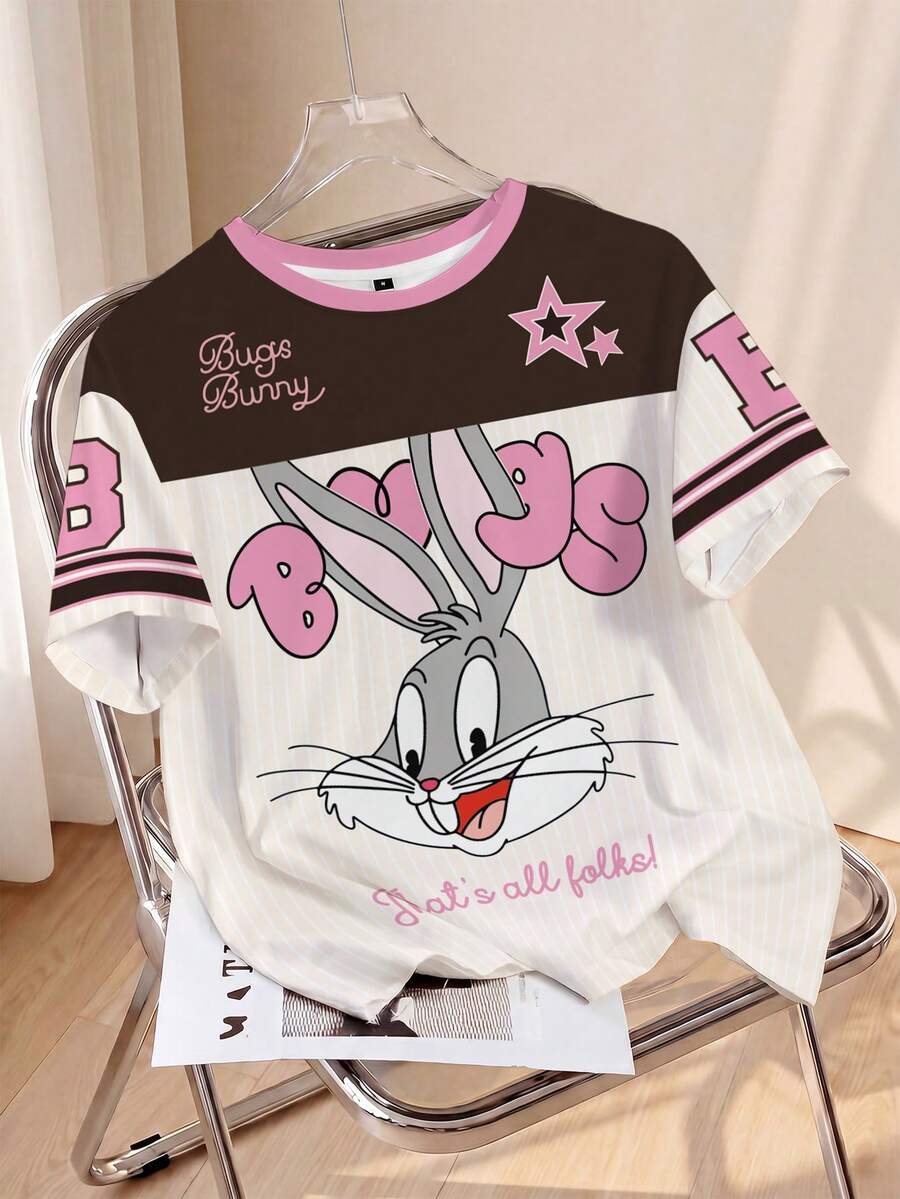 LOONEY TUNES X SHEIN 女款圓領拼色字母卡通印花休閒日常夏季T恤 - 白色 - 查看 1