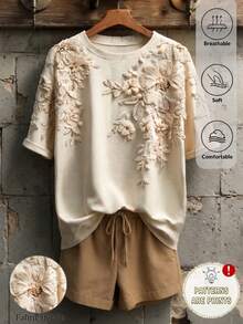 Elouméa Kaos Wanita Kasual Musim Semi/Panas Motif Bunga Kerah Bulat Longgar, Cocok untuk Pemakaian Sehari-hari, Bepergian, dan Berbelanja - Krem - View 1