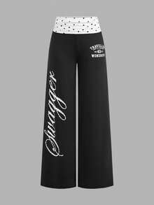 SHEIN Kids Teen Girls Pants Black Knitted Casual Street-Style Trousers Featuring A Contrasting-Color Polka Dot And English Letter Pattern,Back To School - Black and White - View 7