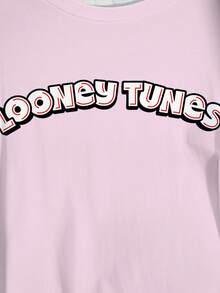 LOONEY TUNES X SHEIN 大尺碼女款字母印花圓領短袖休閒T恤 - 白色 - 查看 4