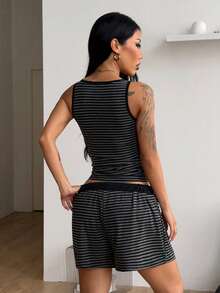 Coolane 2 Stücke Damen Lässig & Romantisch Gestreiftes Crop Top und Shorts Set - Verschiedenfarbig - Übersicht 6