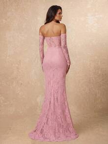 Lumalex Elegante vestido de encaje elástico sin hombros y sin tirantes con mangas de volantes transparentes desmontables, abertura hasta el muslo y bajo de sirena para bodas, galas y fiestas - Rosa vieja - Ver 7
