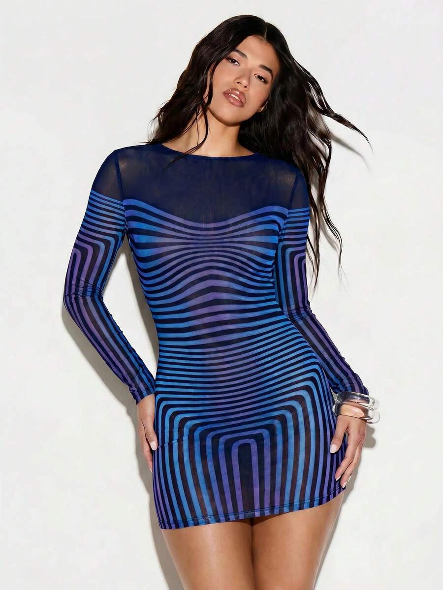 KIZN Wave Print Mesh Yoke Long Sleeve Bodycon Mini Dress Club Night Out Party - Blue - View 1