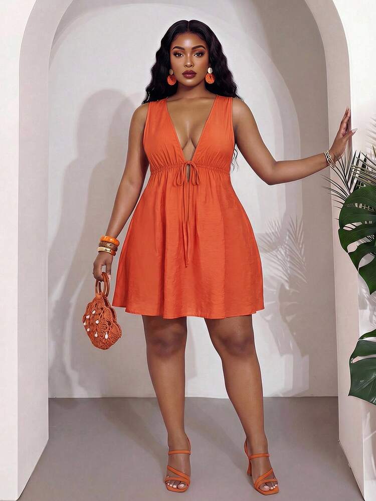burnt orange babydoll dress Slaydiva Burnt Orange, Summer, Elegant, Plus Size Sleeveless Ruffle Hem  A-Line Loose Babydoll Dress, Boho Wedding Guest Beach Cruise Travel Y2K  Streetwear