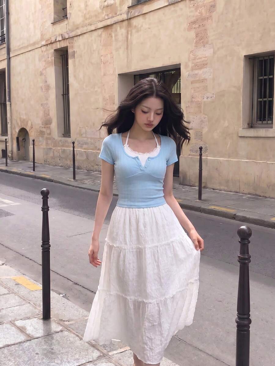 SHEIN MOD Casual Vacation Style 3-Tier Ruffle White Textured Fabric Skirt, Spring And Fall Inspired Women's Skirt, Suitable For Summer Chic Skirt