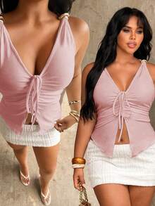Rustia Plus Size Women's Solid Color Ruched Metal Decor Fitted Versatile Casual Top - Dusty Pink - View 4