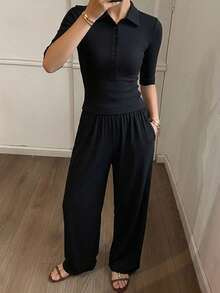 DAZY 2pcs Women's Summer Pajama Set, Half-Open Collar Slim Fit Short Sleeve T-Shirt And Straight Leg Long Pants - Black - View 1