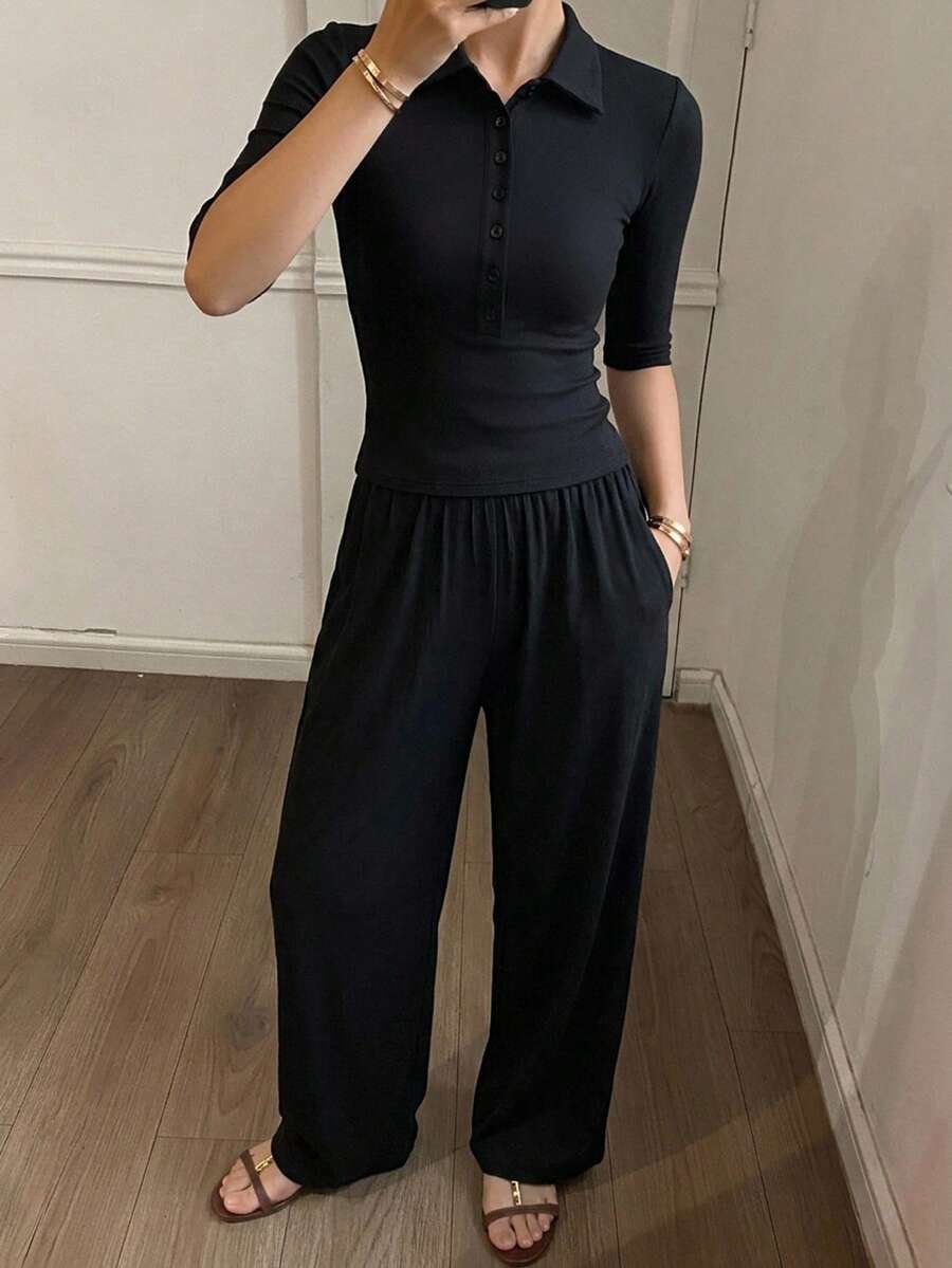 DAZY 2pcs Women's Summer Pajama Set, Half-Open Collar Slim Fit Short Sleeve T-Shirt And Straight Leg Long Pants - Black - View 1