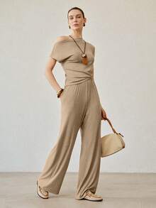 MOTF PREMIUM WOMEN'S CASUAL PLEATED ASYMMETRIC NECKLINE KNIT 2 PIECES SET - Brown - View 6