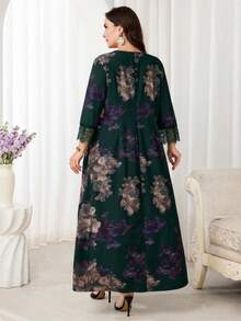 Al Najma Plus Size Women's Floral Print Arabian Dress - Dark Green - View 2