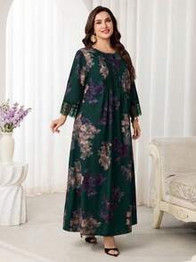 Al Najma Plus Size Women's Floral Print Arabian Dress - Dark Green - View 5
