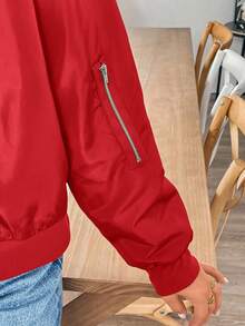 SHEIN Essnce Plus Size Women's Solid Color Long Sleeve Zip-Up Casual Baseball Jacket Fall - Red - View 7