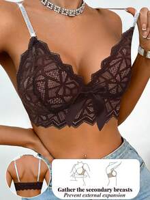 SHEIN Elacene 1pc Women's Lace Wire-Free Bra - Coffee Brown - View 3