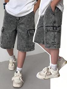 SHEIN Little Byeori 兒童青少年男孩休閒水洗工裝牛仔短褲 - 淺色水洗藍 - 查看 1