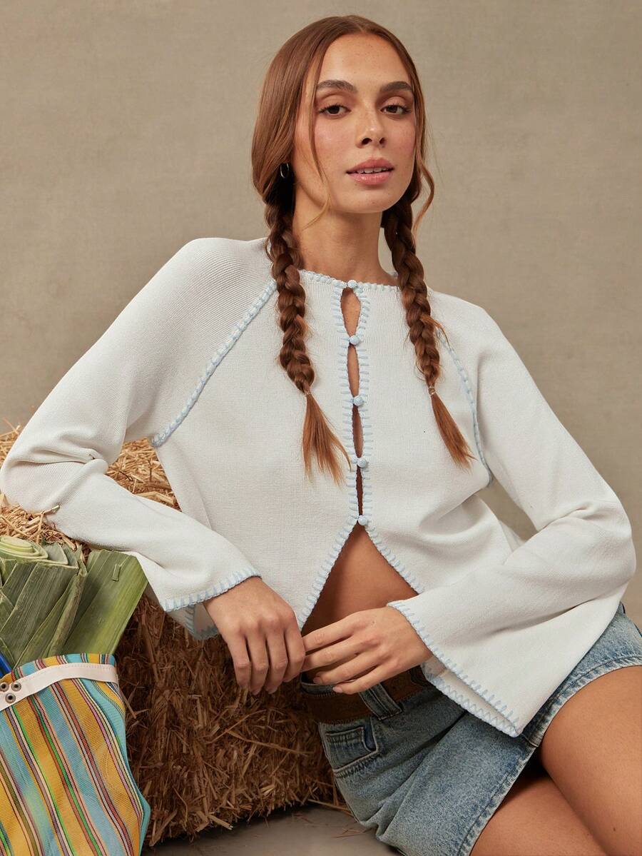 WESTFADE Button Front Split Hem Contrast Stitch Long Sleeve Cardigan Sweater, Fall Winter 2026, Autumn, Female Country Look, Cowgirl, Rodeo, Back To School - Beige - View 1