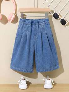 SHEIN LMoss Kids 女嬰深藍色寬鬆牛仔褲 - 中等水洗藍 - 查看 7
