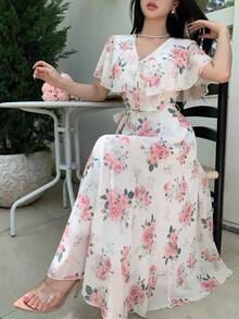 Celisse Spring/Summer New Women's Long Dress, Rose Floral Print V-Neck Shawl Collar Ruffle Sleeve Tie Cinched Waist Cinched Full Skirt Mid-Length Chiffon Dress, Summer Women's Dress - Multicolor - View 4