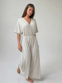 DAZY Women's Solid Color Wide Leg Jumpsuit Loungewear - Light Grey - View 4