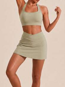 SHEIN BAE 纯色挂脖休闲上衣和下装女士运动套装 - 綠色 - 查看 4