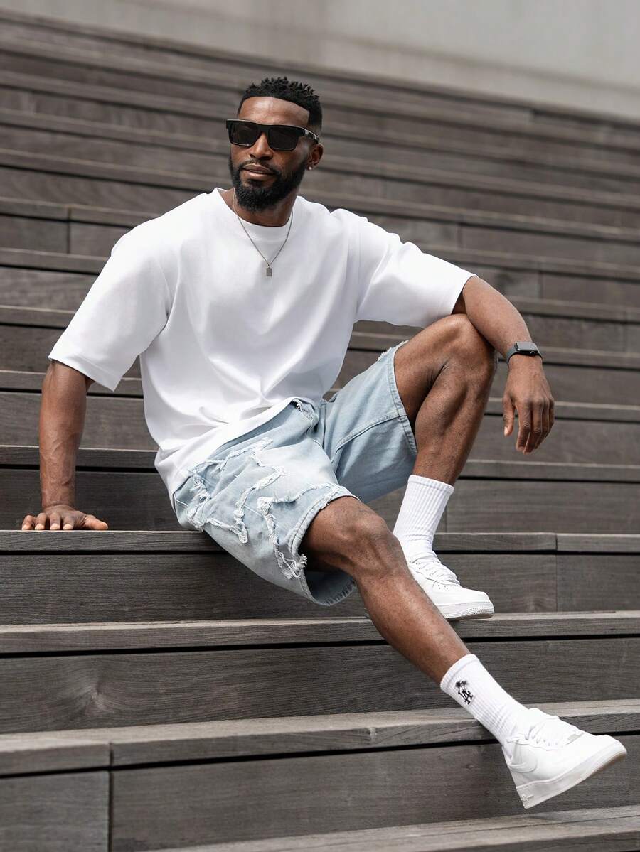 thenoahjr thenoahjr Men's American Hip Hop Street Fashion Star Patch Distressed Loose Wide Leg Pants - Light Wash - View 1
