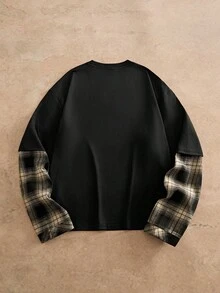 HIMLAND Men's Patchwork Plaid 2 In 1 Crew Neck Long Sleeve T-Shirt - Black - View 2